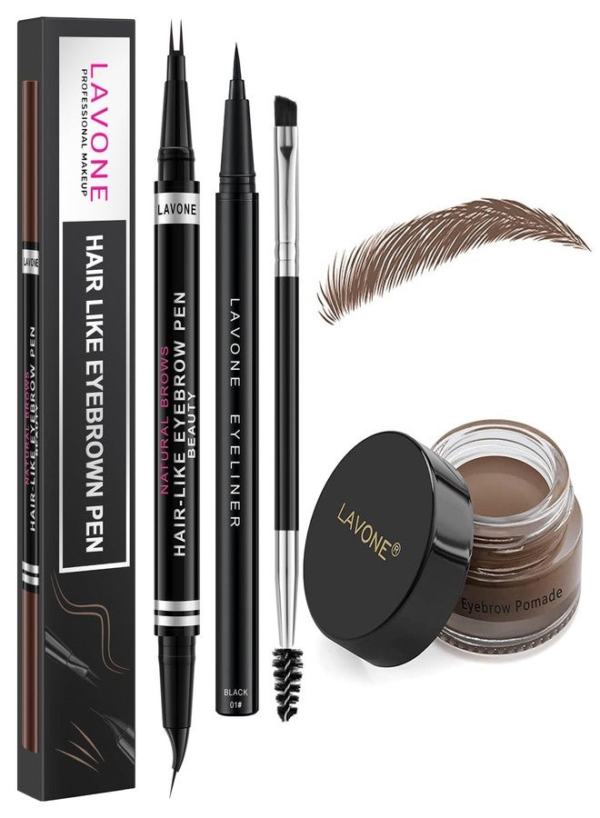 LAVONE Hair-Like Eyebrow Pen Makeup kit, Eyebrow Pencils for Women with Waterproof Microblading Eyebrow Pencil, Eyebrow Pomade, Eyeliner and Eyebrow Brush, Create Full, Natural Brows, Dark Brown - Image 1